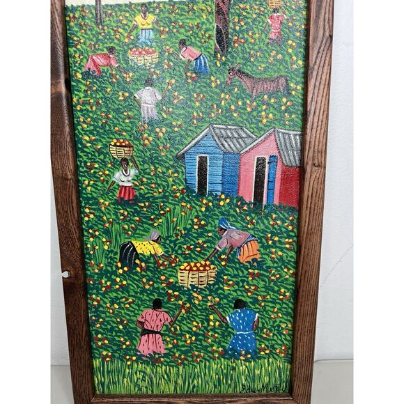 Edy Mirtyl Haitian Folk Artist Original Painting Village Harvesting Scene - Picture 3 of 11
